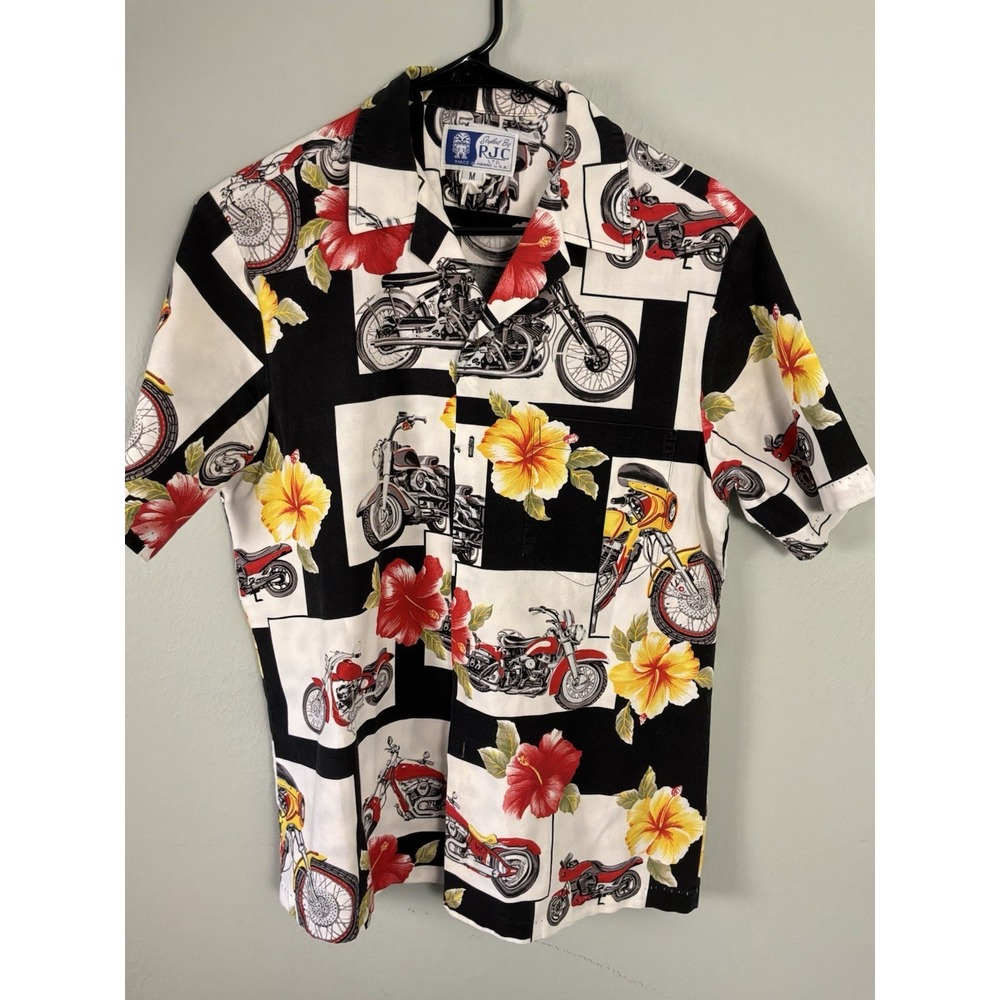 RJC Hawaiian Shirt Motorcycles Floral Black‎ Camp Shirt Mens M